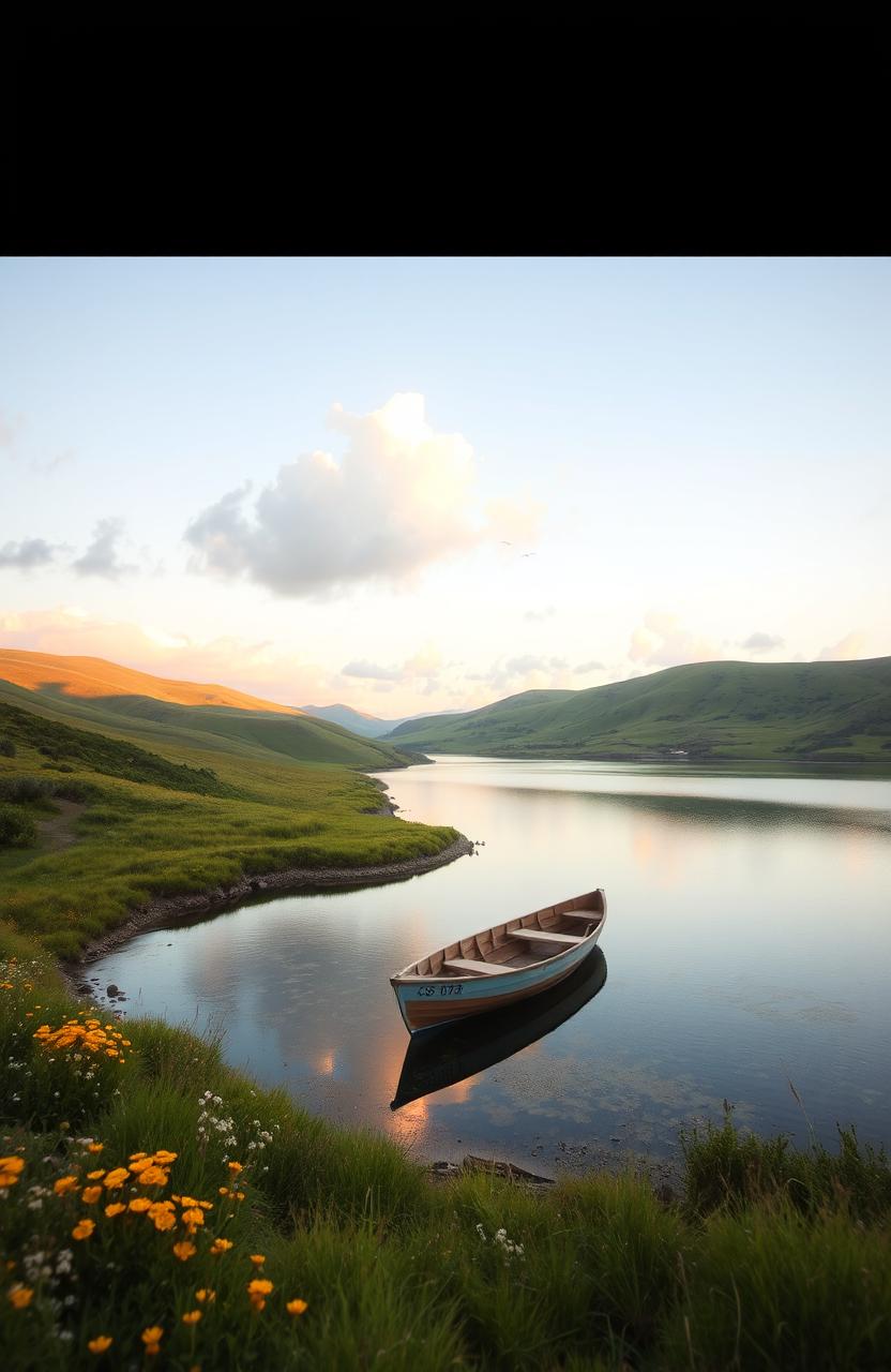 A serene landscape at sunrise, featuring rolling hills with vibrant greens and golden hues, dotted with wildflowers