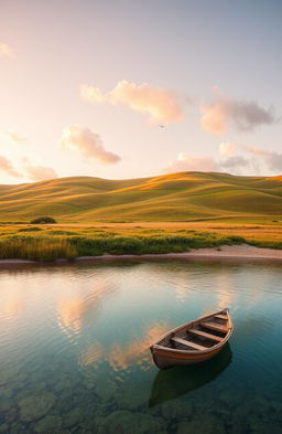 A serene landscape at sunrise, featuring rolling hills with vibrant greens and golden hues, dotted with wildflowers