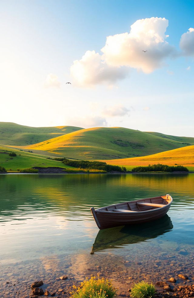 A serene landscape at sunrise, featuring rolling hills with vibrant greens and golden hues, dotted with wildflowers