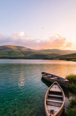 A serene landscape at sunrise, featuring rolling hills with vibrant greens and golden hues, dotted with wildflowers