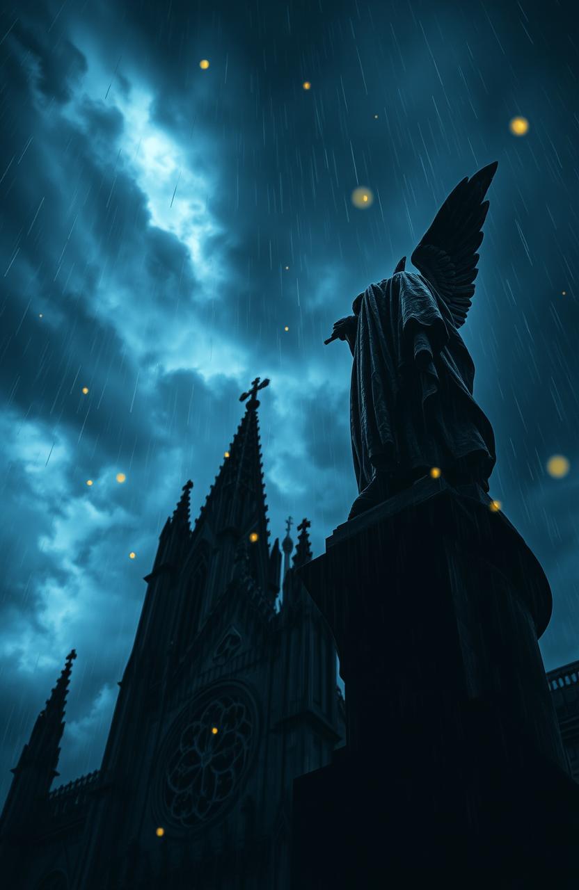 A dramatic perspective of a blood-stained statue atop a cathedral, at night during a rainstorm