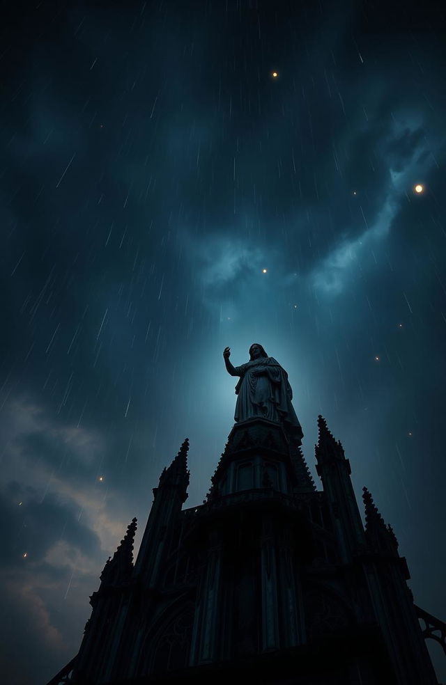 A dramatic perspective of a blood-stained statue atop a cathedral, at night during a rainstorm