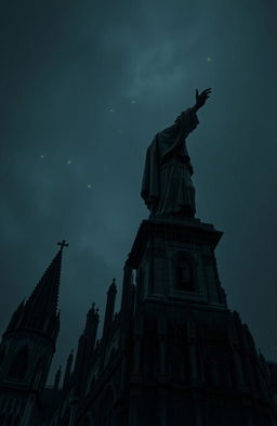 A dramatic perspective of a blood-stained statue atop a cathedral, at night during a rainstorm