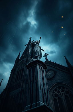 A dramatic perspective of a blood-stained statue atop a cathedral, at night during a rainstorm