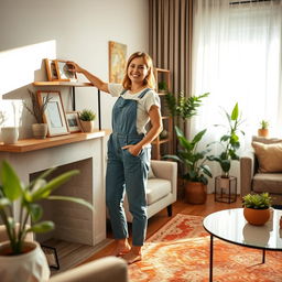 A domestic helper woman gently organizing a well-decorated living room, wearing comfortable yet stylish casual clothing, with a warm smile on her face