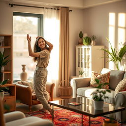 A domestic helper woman gently organizing a well-decorated living room, wearing comfortable yet stylish casual clothing, with a warm smile on her face