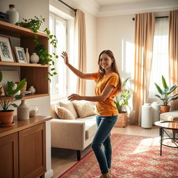 A domestic helper woman gently organizing a well-decorated living room, wearing comfortable yet stylish casual clothing, with a warm smile on her face