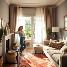 A domestic helper woman gently organizing a well-decorated living room, wearing comfortable yet stylish casual clothing, with a warm smile on her face