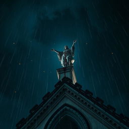 A dramatic perspective of a blood-stained statue perched on top of a cathedral at night, with rain cascading down