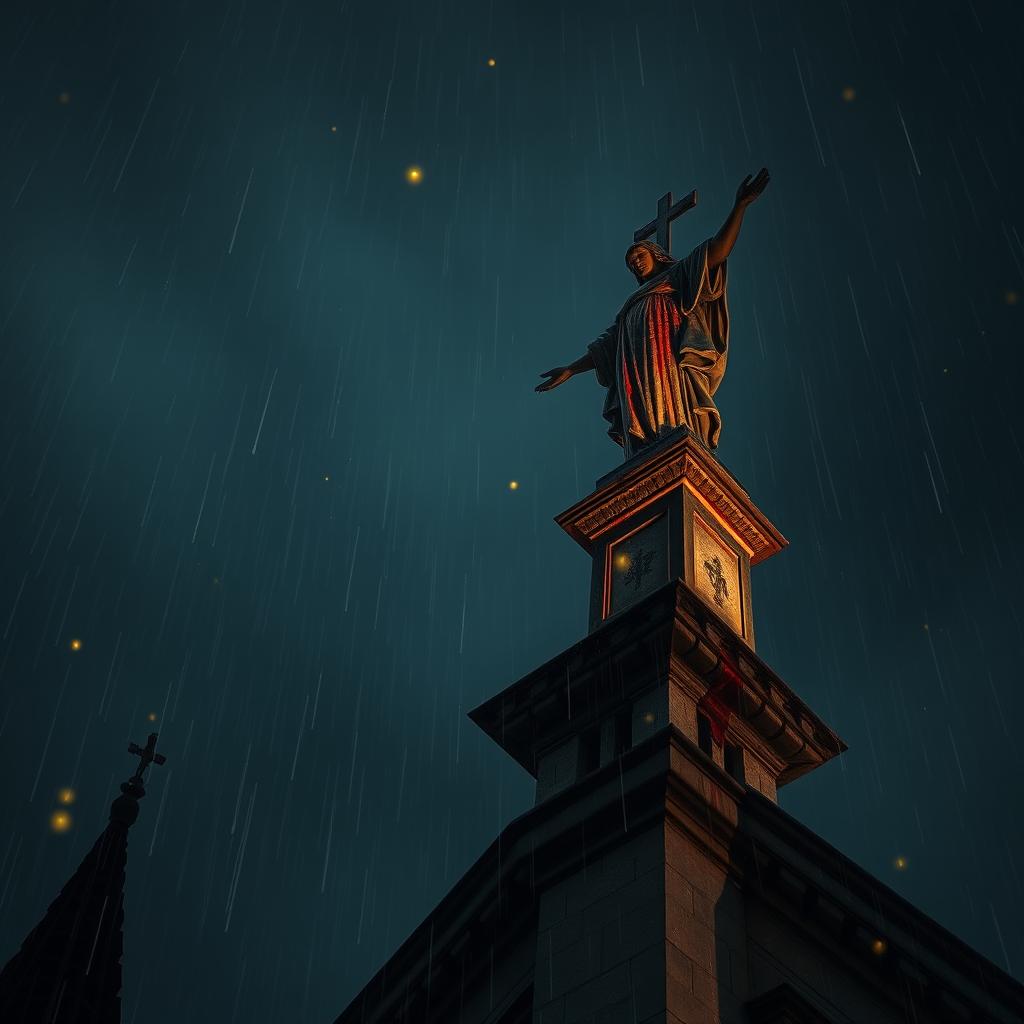 A dramatic perspective of a blood-stained statue perched on top of a cathedral at night, with rain cascading down