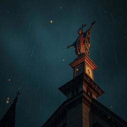 A dramatic perspective of a blood-stained statue perched on top of a cathedral at night, with rain cascading down