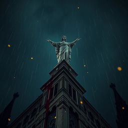 A dramatic perspective of a blood-stained statue perched on top of a cathedral at night, with rain cascading down