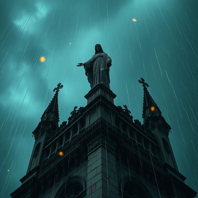 A dramatic perspective of a blood-stained statue perched on top of a cathedral at night, with rain cascading down