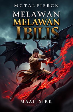 A5 book cover design featuring the title 'Melawan Iblis' in bold, dramatic typography