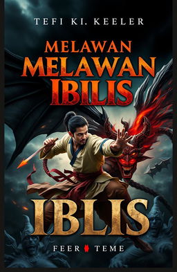 A5 book cover design featuring the title 'Melawan Iblis' in bold, dramatic typography