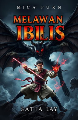 A5 book cover design featuring the title 'Melawan Iblis' in bold, dramatic typography