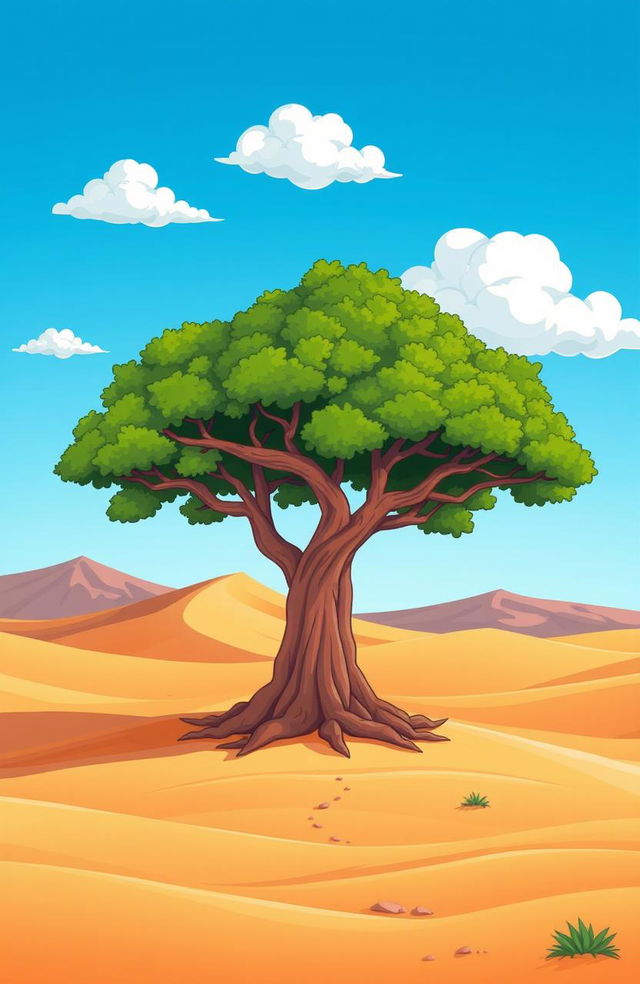 A cartoon-style illustration of a solitary banyan tree standing majestically in a vast desert landscape