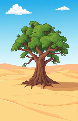 A cartoon-style illustration of a solitary banyan tree standing majestically in a vast desert landscape
