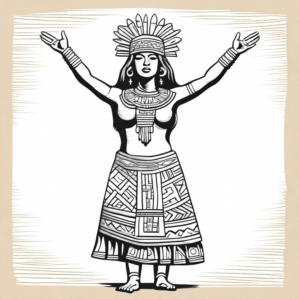 A complete drawing of a standing Aztec woman raising her arms upwards, isolated with nothing around her.