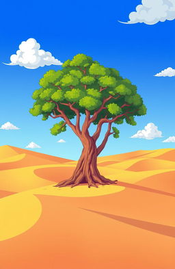 A cartoon-style illustration of a solitary banyan tree standing majestically in a vast desert landscape