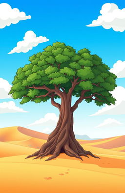 A cartoon-style illustration of a solitary banyan tree standing majestically in a vast desert landscape