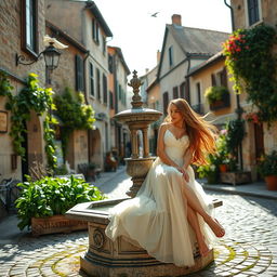 A beautiful woman sitting on a vintage fountain in an old village
