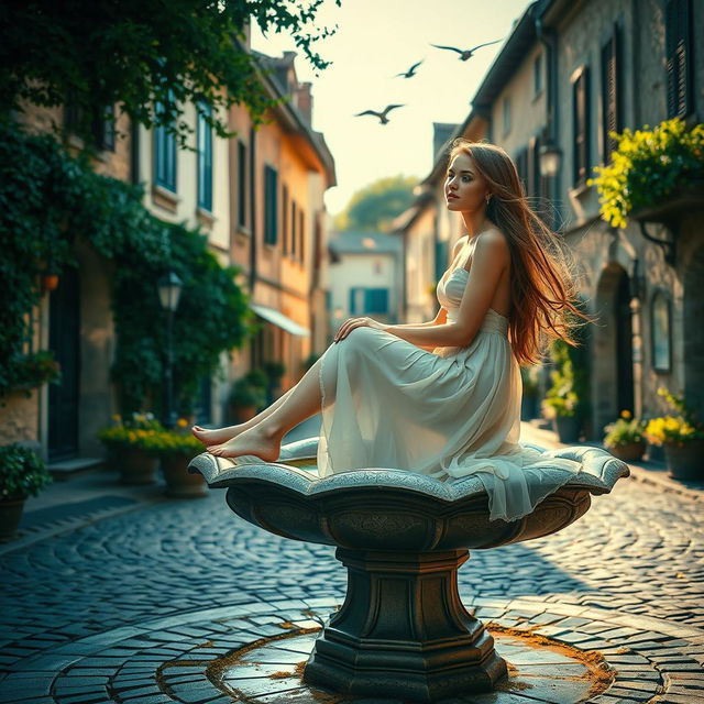 A beautiful woman sitting on a vintage fountain in an old village