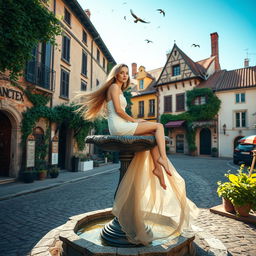 A beautiful woman sitting on a vintage fountain in an old village