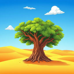 A cartoon-style illustration of a solitary banyan tree standing majestically in a vast desert landscape