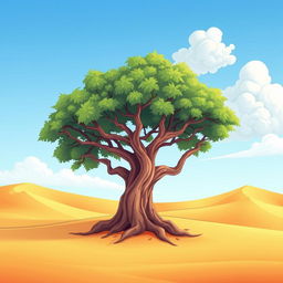 A cartoon-style illustration of a solitary banyan tree standing majestically in a vast desert landscape