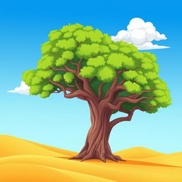 A cartoon-style illustration of a solitary banyan tree standing majestically in a vast desert landscape