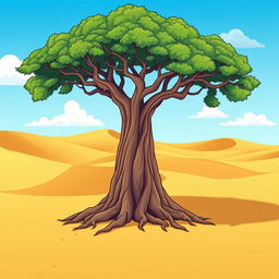 A cartoon-style illustration of a solitary banyan tree standing majestically in a vast desert landscape