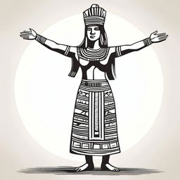 A complete drawing of a standing Aztec woman raising her arms upwards, isolated with nothing around her.