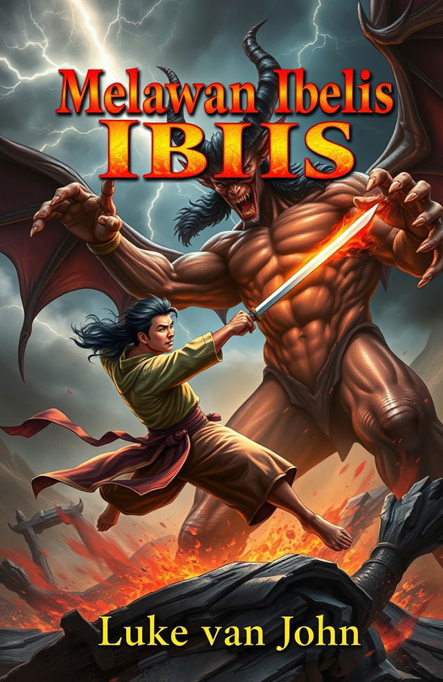 A dramatic A5 book cover featuring an Asian man fighting a towering, menacing Satan, full of dynamic motion, showcasing the intense struggle between good and evil