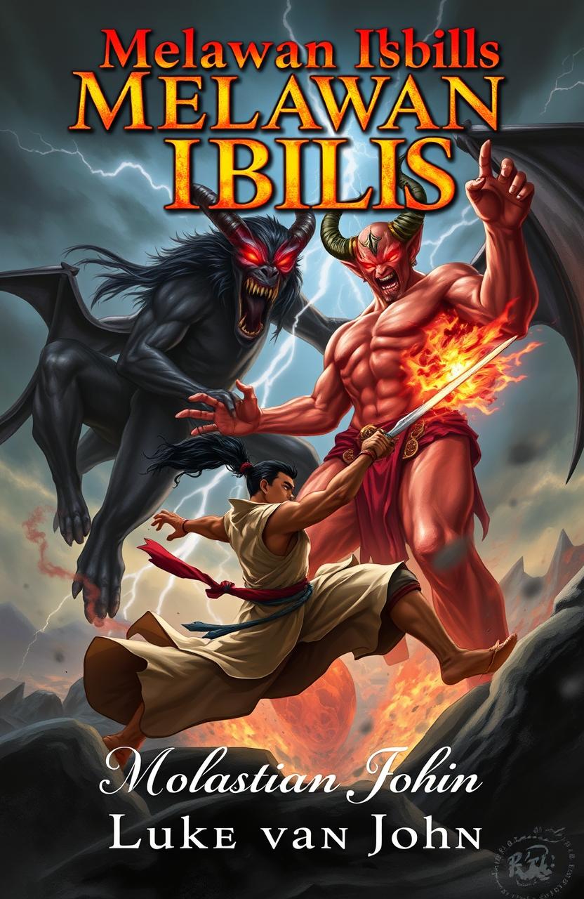 A dramatic A5 book cover featuring an Asian man fighting a towering, menacing Satan, full of dynamic motion, showcasing the intense struggle between good and evil