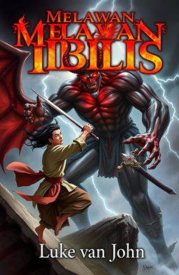 A dramatic A5 book cover featuring an Asian man fighting a towering, menacing Satan, full of dynamic motion, showcasing the intense struggle between good and evil