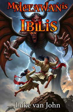 A dramatic A5 book cover featuring an Asian man fighting a towering, menacing Satan, full of dynamic motion, showcasing the intense struggle between good and evil