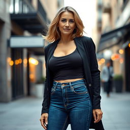 A stylish and attractive middle-aged woman, confident and beautiful, wearing a pair of fitted jeans and a fashionable top