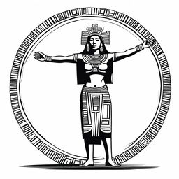 A complete drawing of a standing Aztec woman raising her arms upwards, isolated with nothing around her.