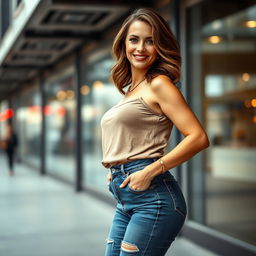 A stylish and attractive middle-aged woman, confident and beautiful, wearing a pair of fitted jeans and a fashionable top