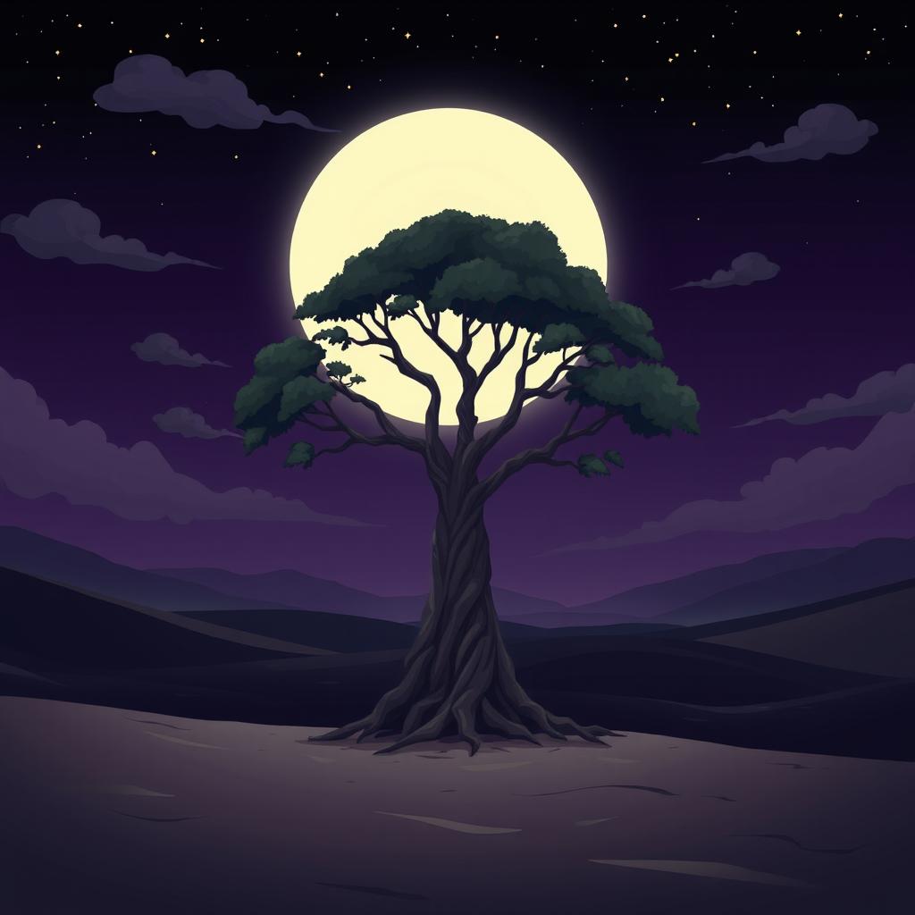 A cartoon-style illustration of a solitary banyan tree standing proudly in a wide desert landscape, depicted in a dark theme