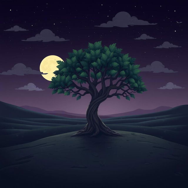 A cartoon-style illustration of a solitary banyan tree standing proudly in a wide desert landscape, depicted in a dark theme