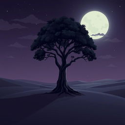 A cartoon-style illustration of a solitary banyan tree standing proudly in a wide desert landscape, depicted in a dark theme