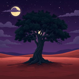 A cartoon-style illustration of a solitary banyan tree standing proudly in a wide desert landscape, depicted in a dark theme