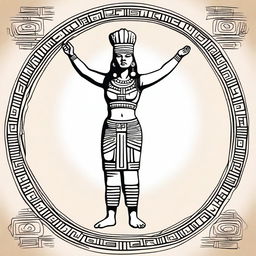 A complete drawing of a standing Aztec woman raising her arms upwards, isolated with nothing around her.