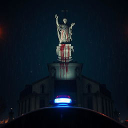 A dramatic perspective of a blood-stained statue atop a cathedral at night, with rain falling heavily