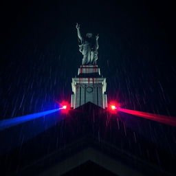 A dramatic perspective of a blood-stained statue atop a cathedral at night, with rain falling heavily