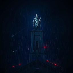 A dramatic perspective of a blood-stained statue atop a cathedral at night, with rain falling heavily