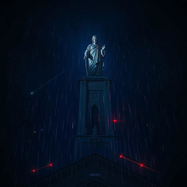 A dramatic perspective of a blood-stained statue atop a cathedral at night, with rain falling heavily