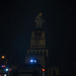 A dramatic perspective of a blood-stained statue atop a cathedral at night, with rain falling heavily